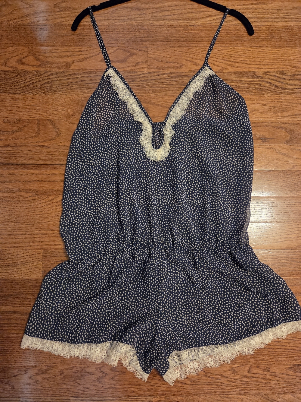 Never Worn, Gilligan & O'Malley Navy Polka Dot Lace-Trim Romper